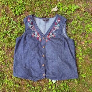 Boho Embroidered Denim Vest Womens XL Floral Western Cottagecore Layering Top